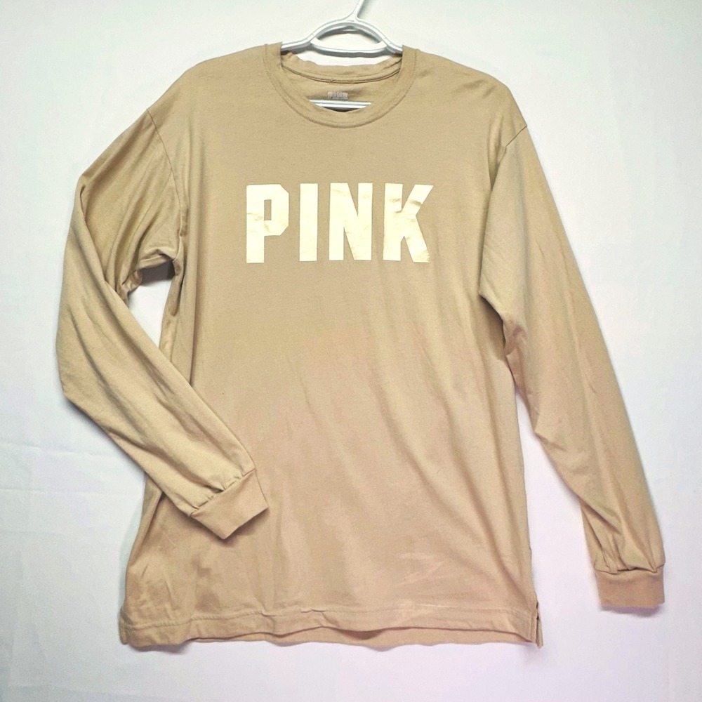 Victoria's Secret PINK Long Sleeve T-shirt Gold‎ Tan Cotton Women's L *See Flaw*
